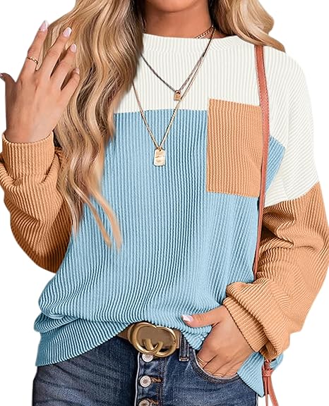 Womens Color Block Oversized Sweatshirt Long Sleeve Shirts Tops With Pockets